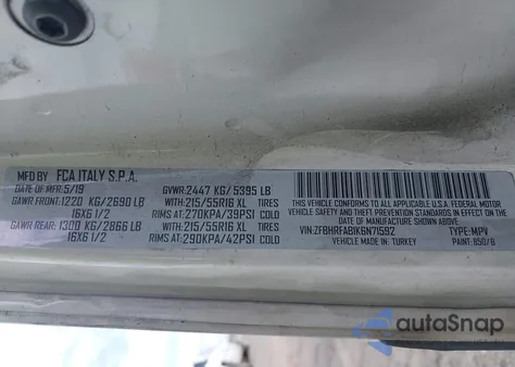 2019 Ram Promaster City Tradesman из США, поврежденный, VIN ZFBHRFAB1K6N71592